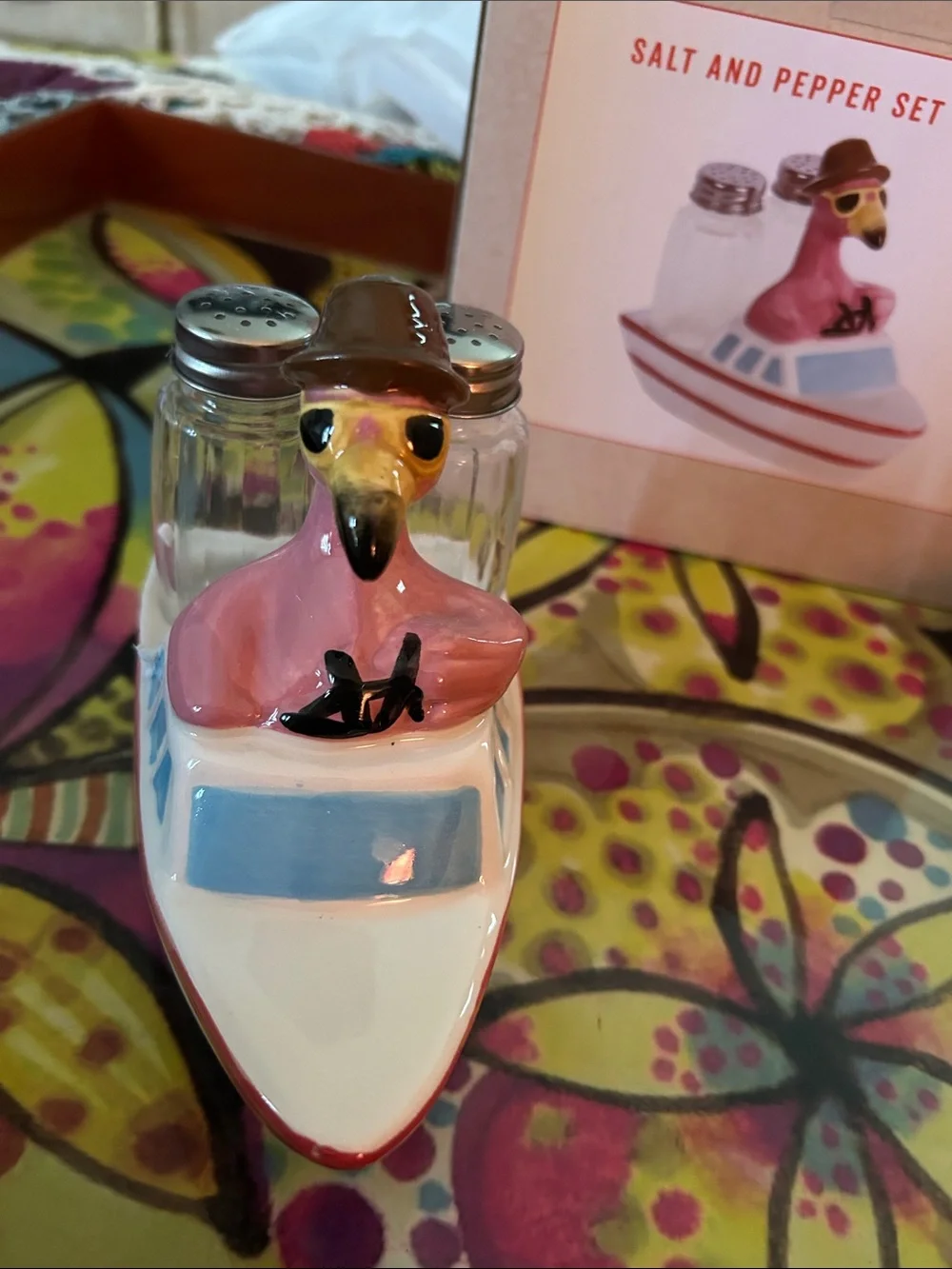 Pink Flamingo Salt & Pepper Set with Boat Holder